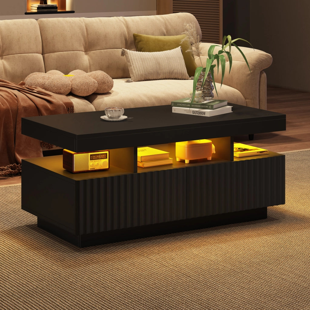 Tavolino da salotto 100x50x45 cm con due cassetti; luce LED; in pannello truciolare; nero