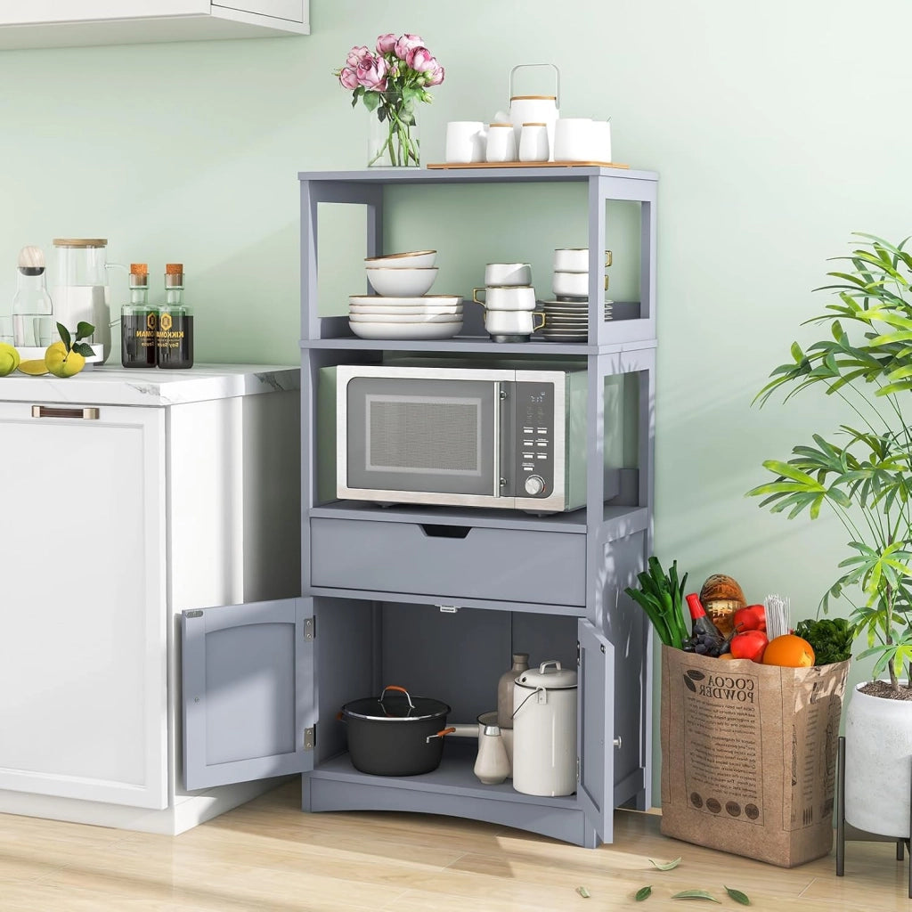 Mobile portaoggetti con ripiano a 3 livelli, armadio alto in legno, dispositivo antiribaltamento, cassetto e armadio a 2 ante, armadio moderno, 60 x 32,5 x 122 cm (grigio)
