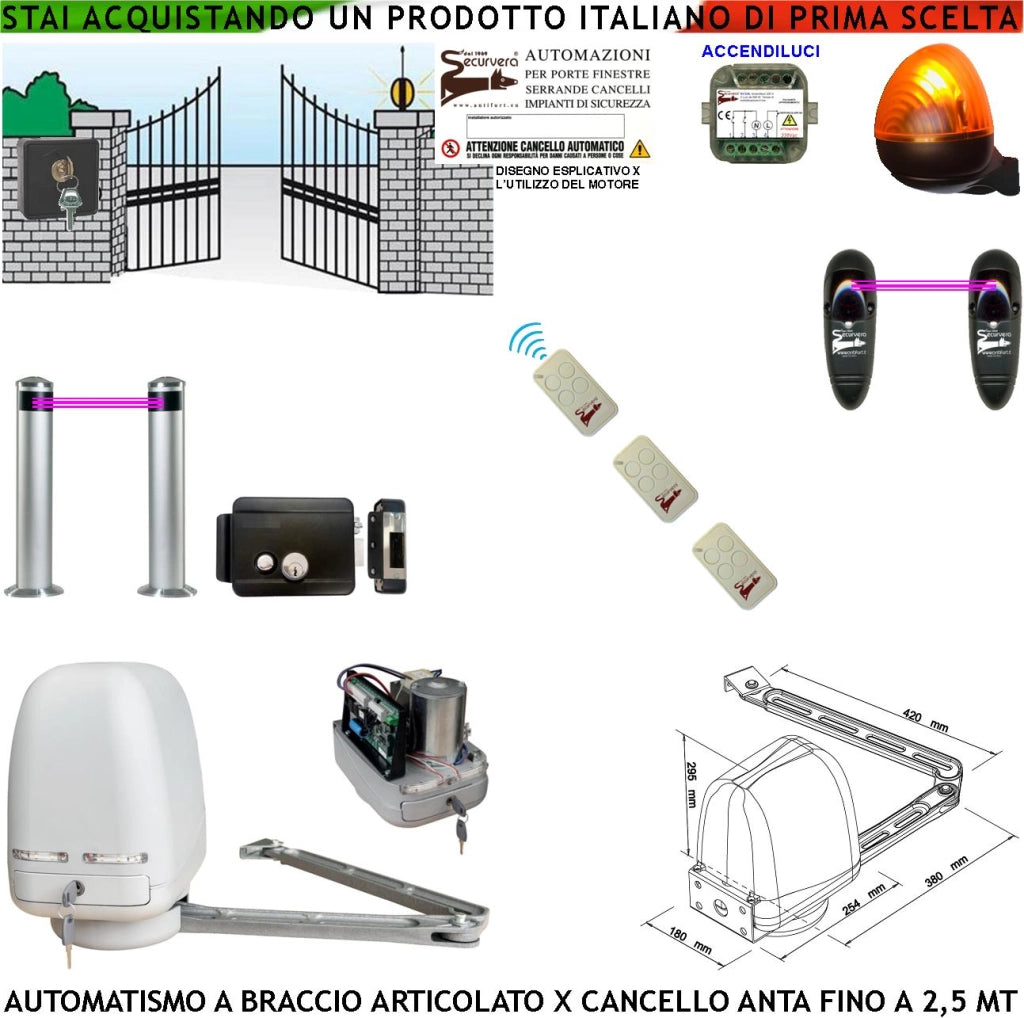 Automatismo Cancello Kit Motore Braccio Articolato 220/24 V Anta da 0,5 a 2,5 MT Elettroserratura Accendiluci Faro 2 Paline 2 Foto Selettore 3 Radiocomandi
