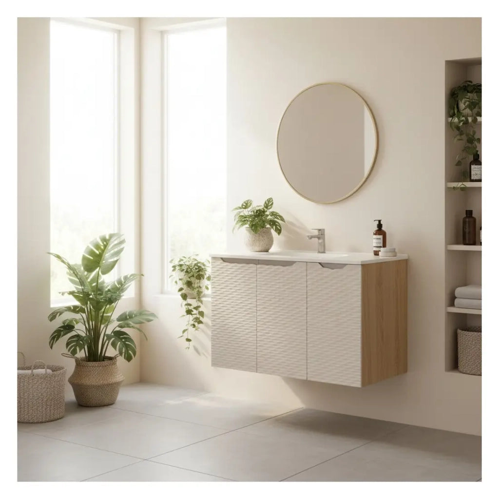 Set da bagno YOKA beige: mobile sottolavabo con armadietti 90 cm + lavabo da incasso
