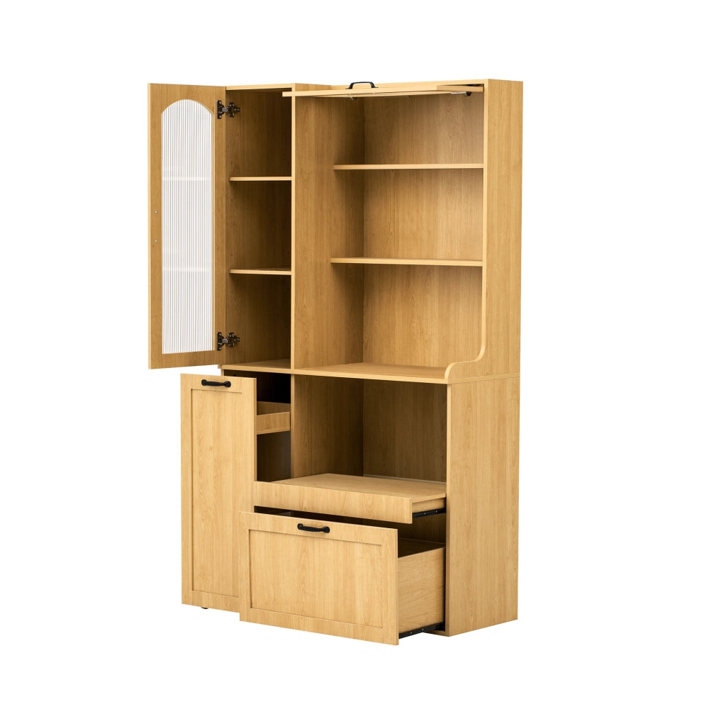 Credenza alta con ripiani regolabili e cassetto, ante in vetro rigato per cucina, in MDF naturale, 98 × 40 × 177 cm