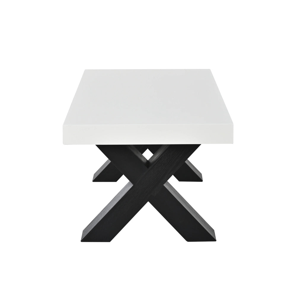 Tavolino da caffè 100x50x40 cm con piano lucido e gambe a X in MDF bianco e nero