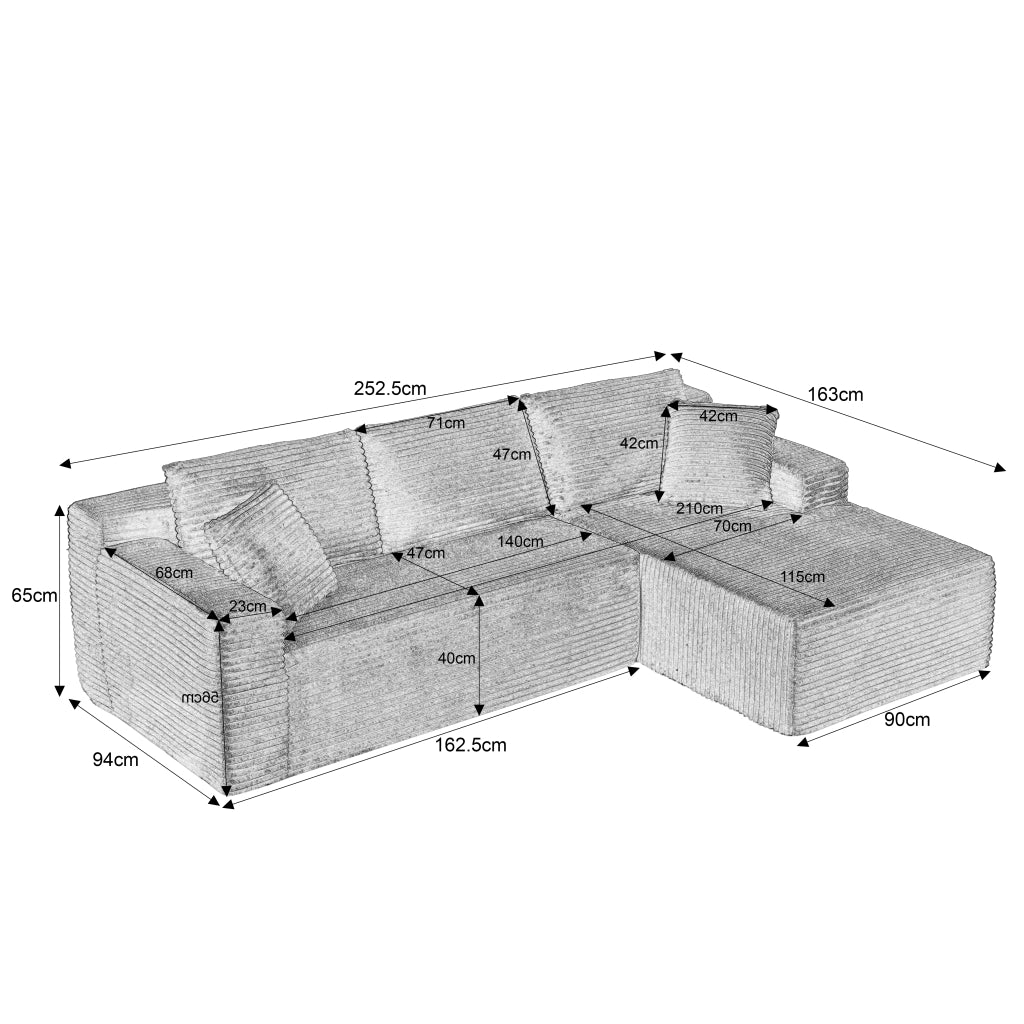 Divano modulare a L con sedute ampie e cuscini sfoderabili in schiuma e molle per salotto bianco 252.5 × 163.0 × 65.0 cm