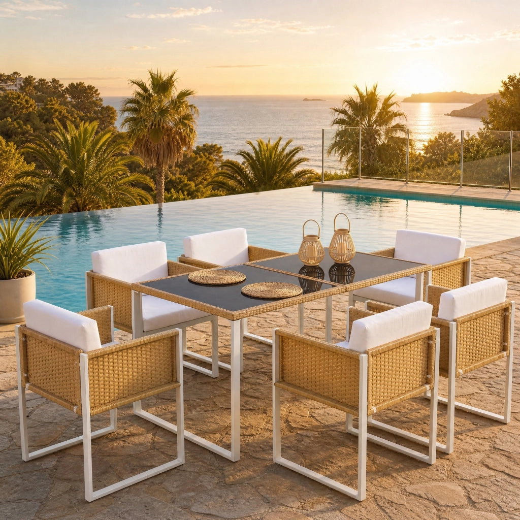 Set da pranzo per esterni con tavolo in vetro temperato e 6 sedie in rattan marrone e bianco
