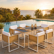 Set da pranzo per esterni con tavolo in vetro temperato e 6 sedie in rattan marrone e bianco