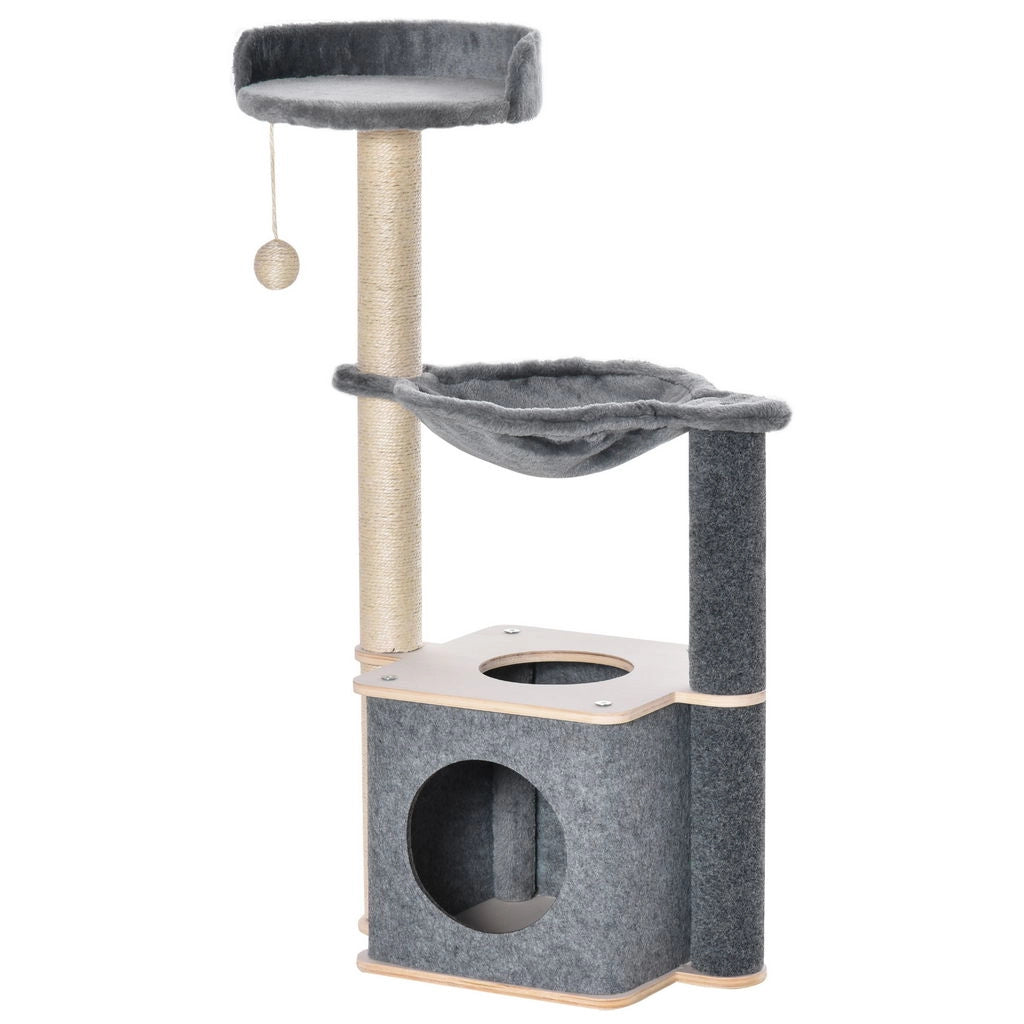 ALBERO TIRAGRAFFI MULTILIVELLO PALESTRA PER GATTI CON CASETTA, AMACA, CUCCIA E CORDE IN SISAL, 48X34X95CM, GRIGIO
