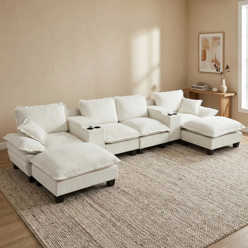 Divano modulare a U - con contenitore; portabicchieri e USB - in chenille - beige