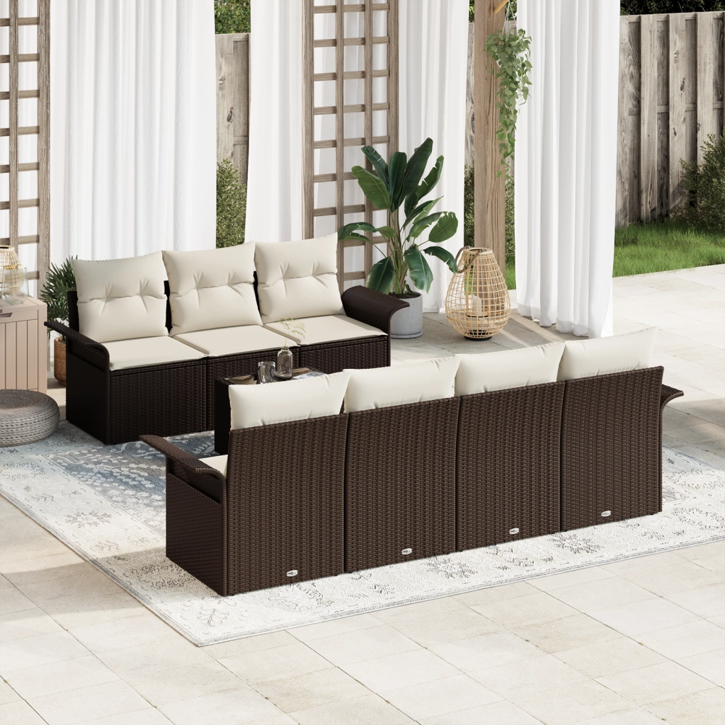 Set di divani da giardino 8 pezzi con cuscini marroni in polirattan