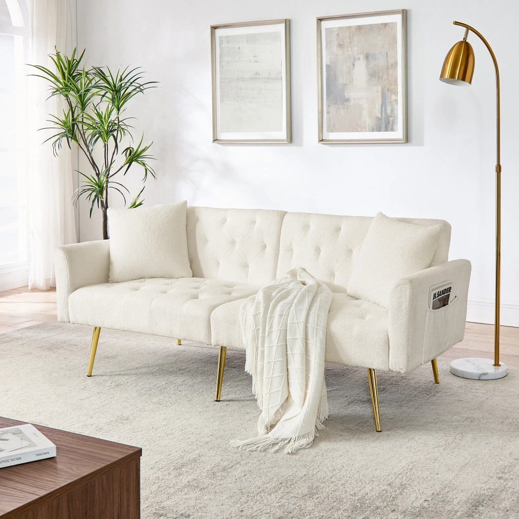 Divano a 2 posti con schienale regolabile a 3 posizioni, cuscini coordinati, in tessuto teddy beige