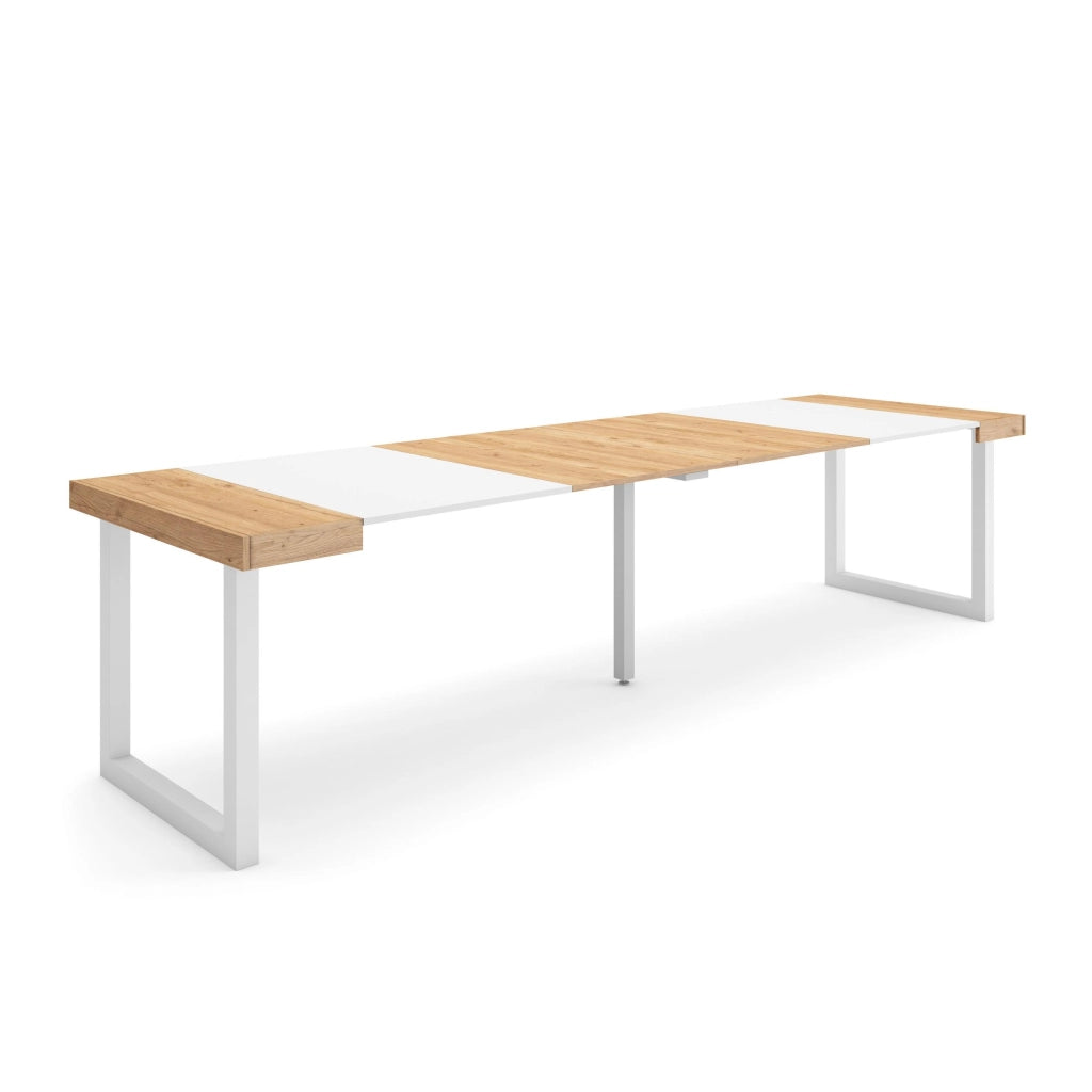 Consolle allungabile, 302x90x73cm, Per 14 persone, Gambe in legno, colore Rovere e bianco RF2965