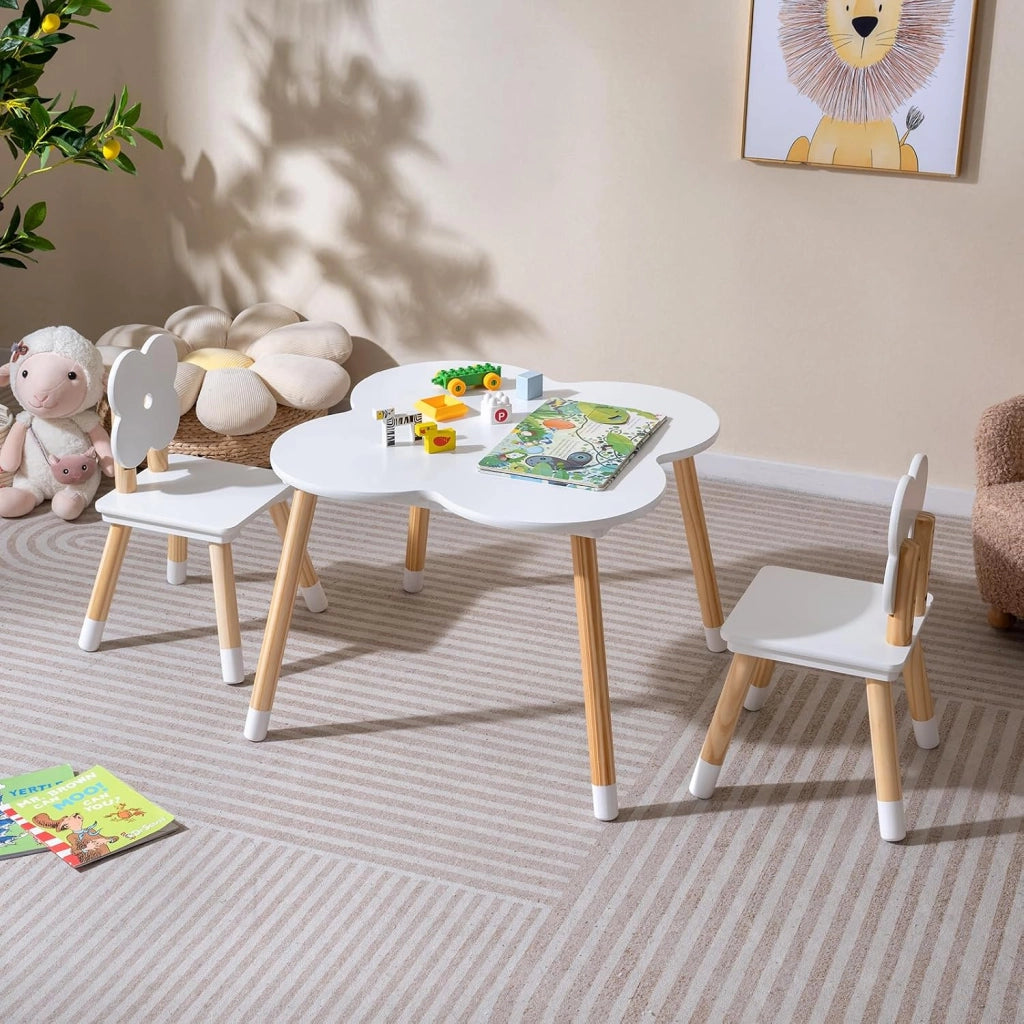 Set Tavolo per Bambini a Forma di Fiore, Tavolino e Sedia in Legno con 2 Sedie e Gambe in Legno di Pino Solido, Tavolino Bambini 3+ Anni per Disegno, Arte e Studio (Bianco)