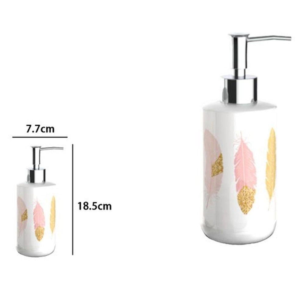 Trade Shop - Dispenser Porta Sapone Liquido Bianco Con Piume Accessori Per Arredo Bagno 69793 -