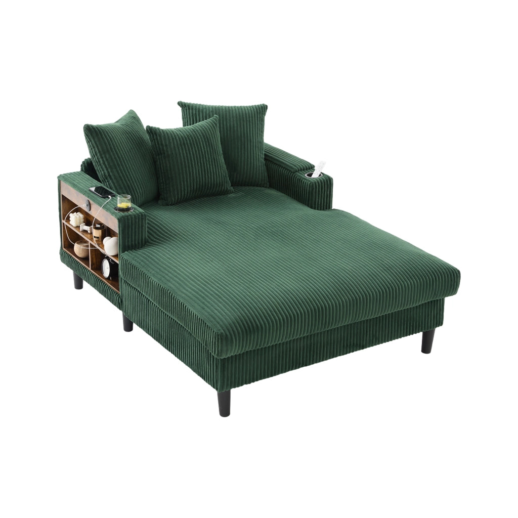 Divano Angolare in Velluto a Coste con Chaise Longue ¨C MINIMAL ¨C con LED, USB, Contenitore, Portabicchieri
