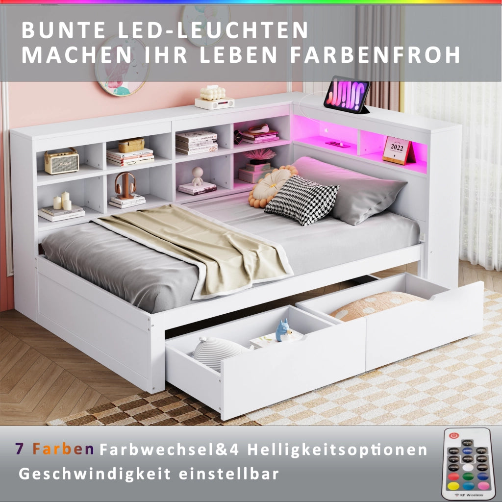 OKWISH Letto a Divano 90×200 cm, Letto Singolo con USB, Presa e LED Regolabile, Mensole e Cassetti, senza Materasso, Legno, Bianco