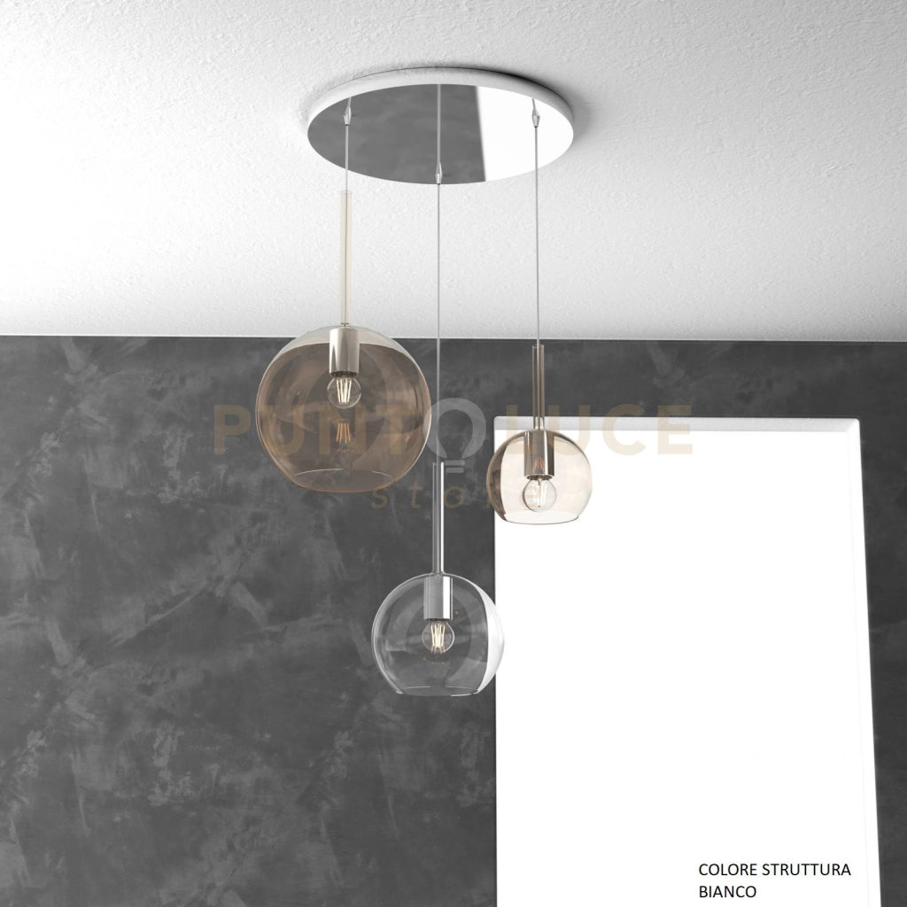 SOSP. BIANCO TONDA 3 LUCI VETRI 1 GRANDE AMBRA+1 MEDIO TRASPARENTE+1 PICCOLO AMBRA 1155BI-S3 TMIX-TA
