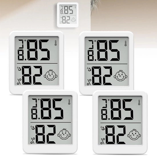 Termometro e Igrometro Digitale con Display a Smiling Face - Set da 4 - Per Interno - Con Supporto - Misuratore di Umidità - Termometro per Serra e Camera da Bambino .
