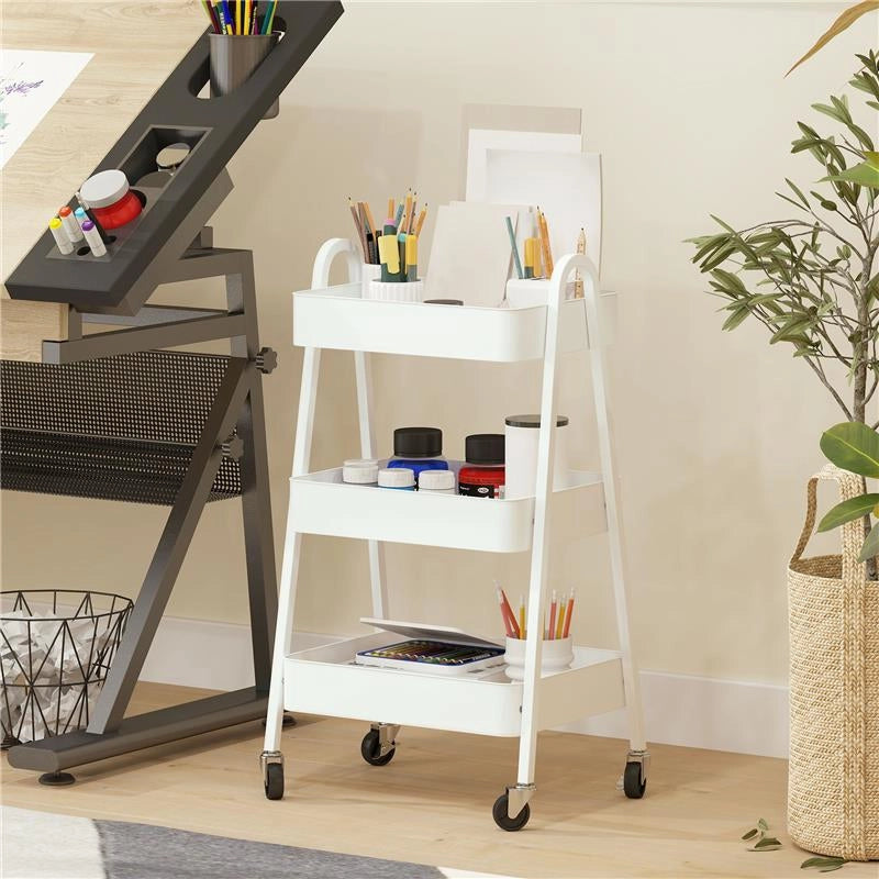 CARRELLO CUCINA MULTIUSO A 3 LIVELLI RUOTE GIREVOLI CON FRENO E MANIGLIE BIANCO 42.4X29.8X74.5 CM