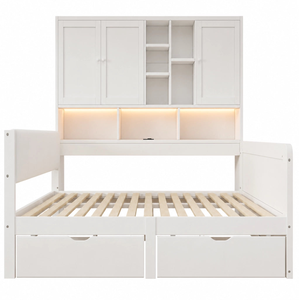 Letto contenitore 140x200 con LED, USB e vani portaoggetti bianco