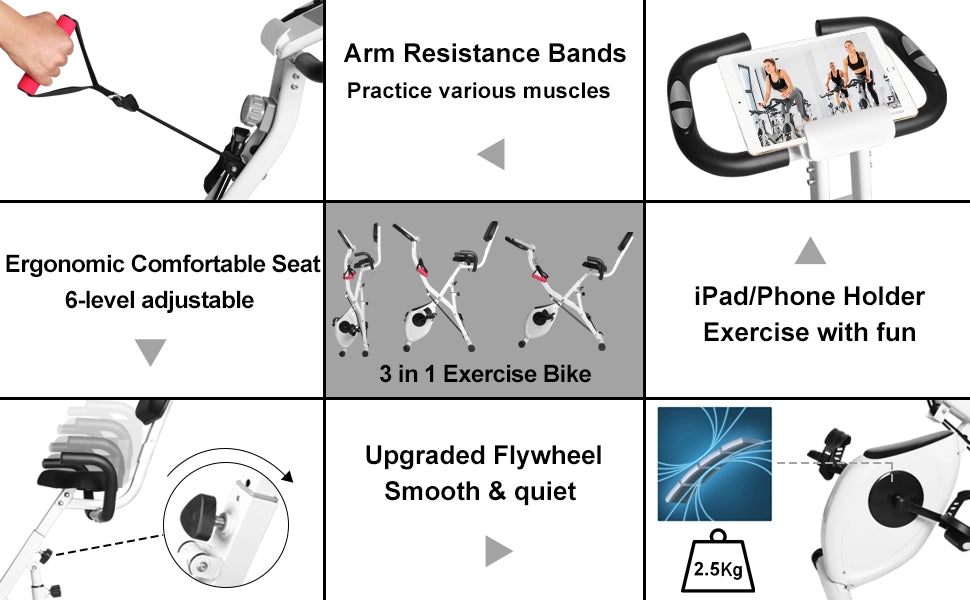 Cyclette pieghevole 3 in 1, resistenza magnetica regolabile su 8 livelli, sella extra larga, cardiofrequenzimetro, display LCD