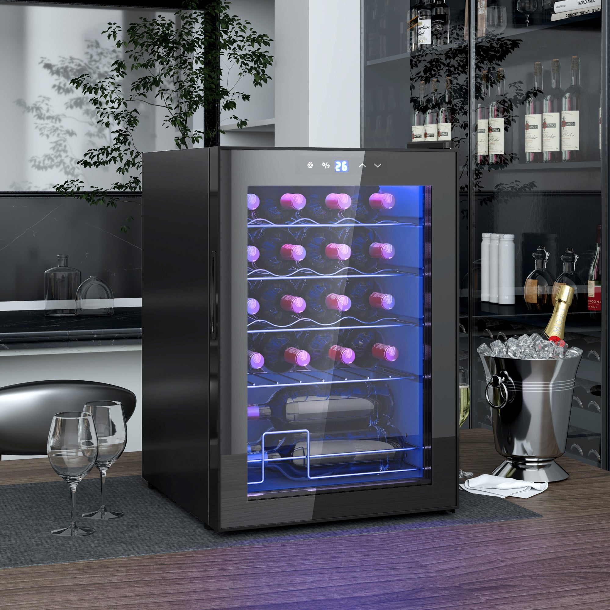 Cantinetta Vino Refrigerata per 20 Bottiglie Capacità 53L Porta in Vetro Anti-UV Nero