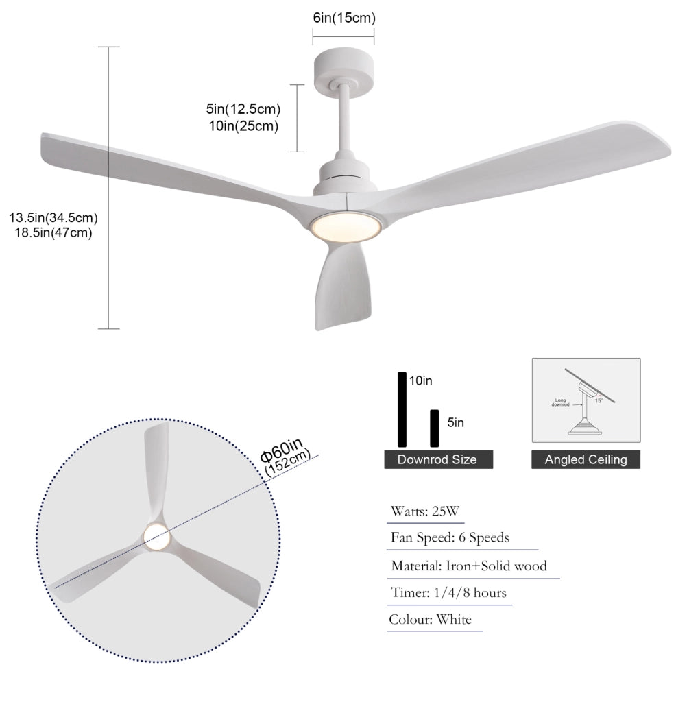 Ventilatore da soffitto da 60 pollici con luce LED; 3 pale in legno; bianco
