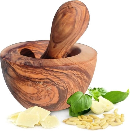 Vijzel con pestello di olivo di alta qualità, macinatrice di spezie per pepe, sale, erbe (diametro: 14cm)