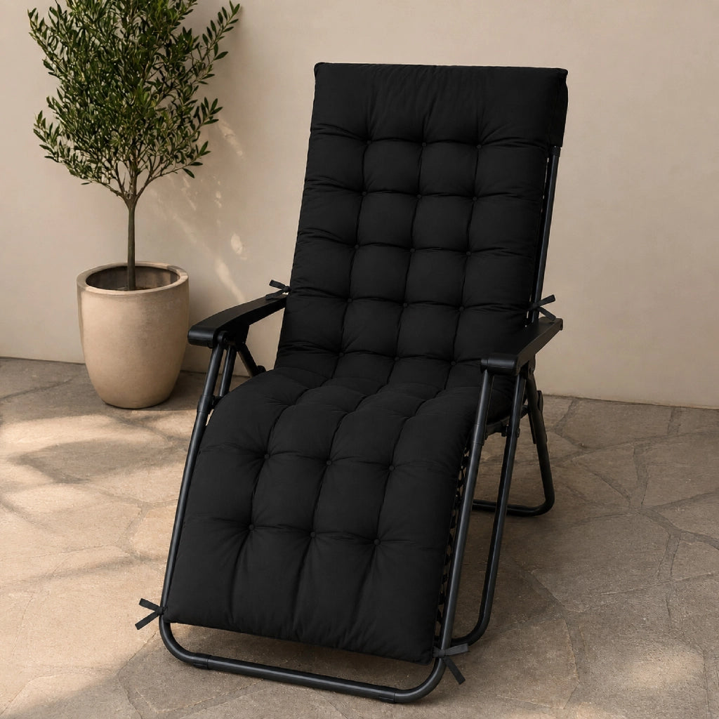 Cuscino Imbottito Universale per Sedia Relax Zero Gravity e Sdraio 155x55 cm con Laccetti di Fissaggio Nero