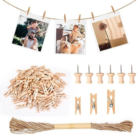 Kit di fissaggio per decorazioni - 160 pezzi - Clip piccole 2.5/3/3.5cm - Corda di juta 10m - Spille - Decorazione creativa - Fotofissaggi