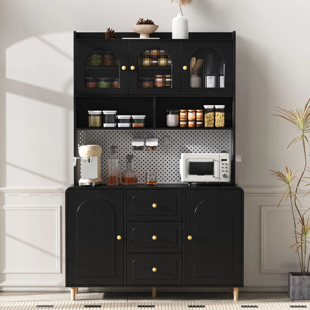 Credenza alta con pannello forato, 3 cassetti e ripiani regolabili, per cucina, in MDF nero, 120 × 40 × 190 cm