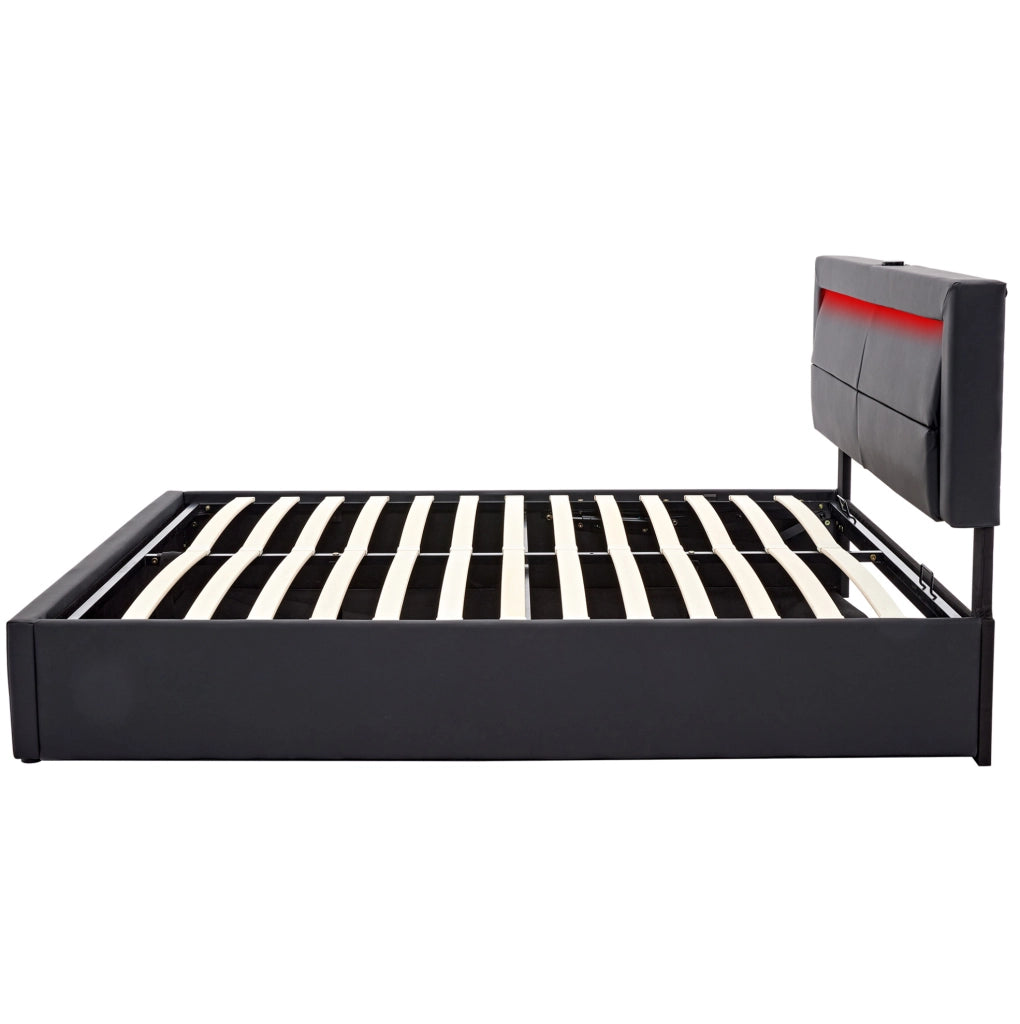 Letto imbottito 140x200 cm in PU nero con USB; illuminazione LED e contenitore