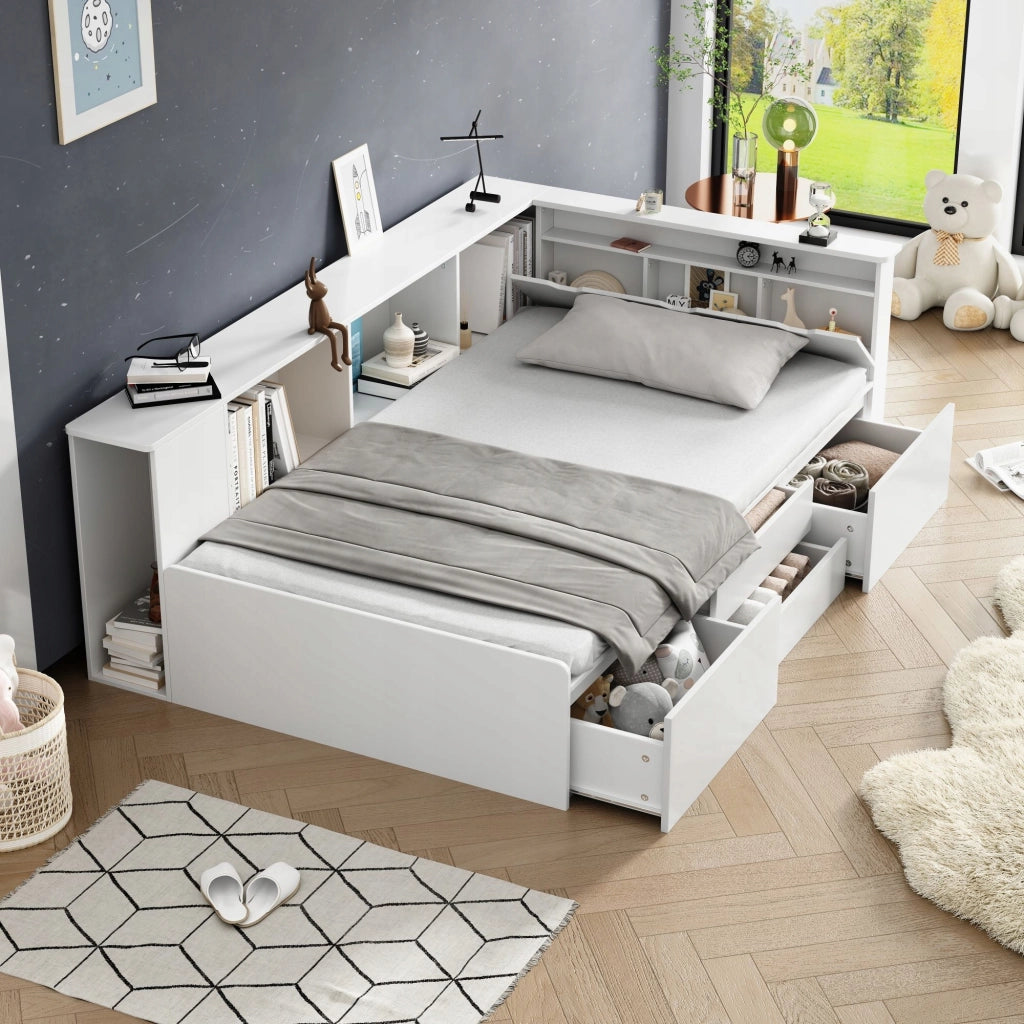 Letto a castello per bambini 90x200cm - Xylo - Bianco, con cassetti e scaffale