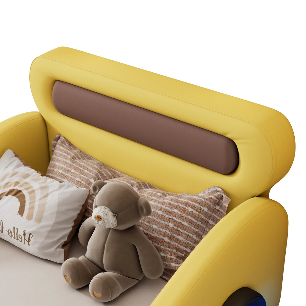 OKWISH Letto Bambino 90×200 cm, Letto Singolo con Ruote Luminose Regolabili e Vano Contenitore, senza Materasso, in PU, Giallo