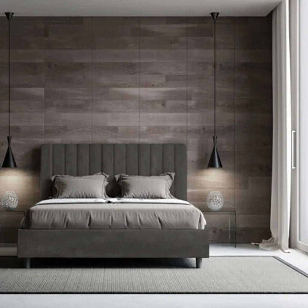 Letto matrimoniale francese senza rete imbottito 140x210 microfibra grigio Agueda
