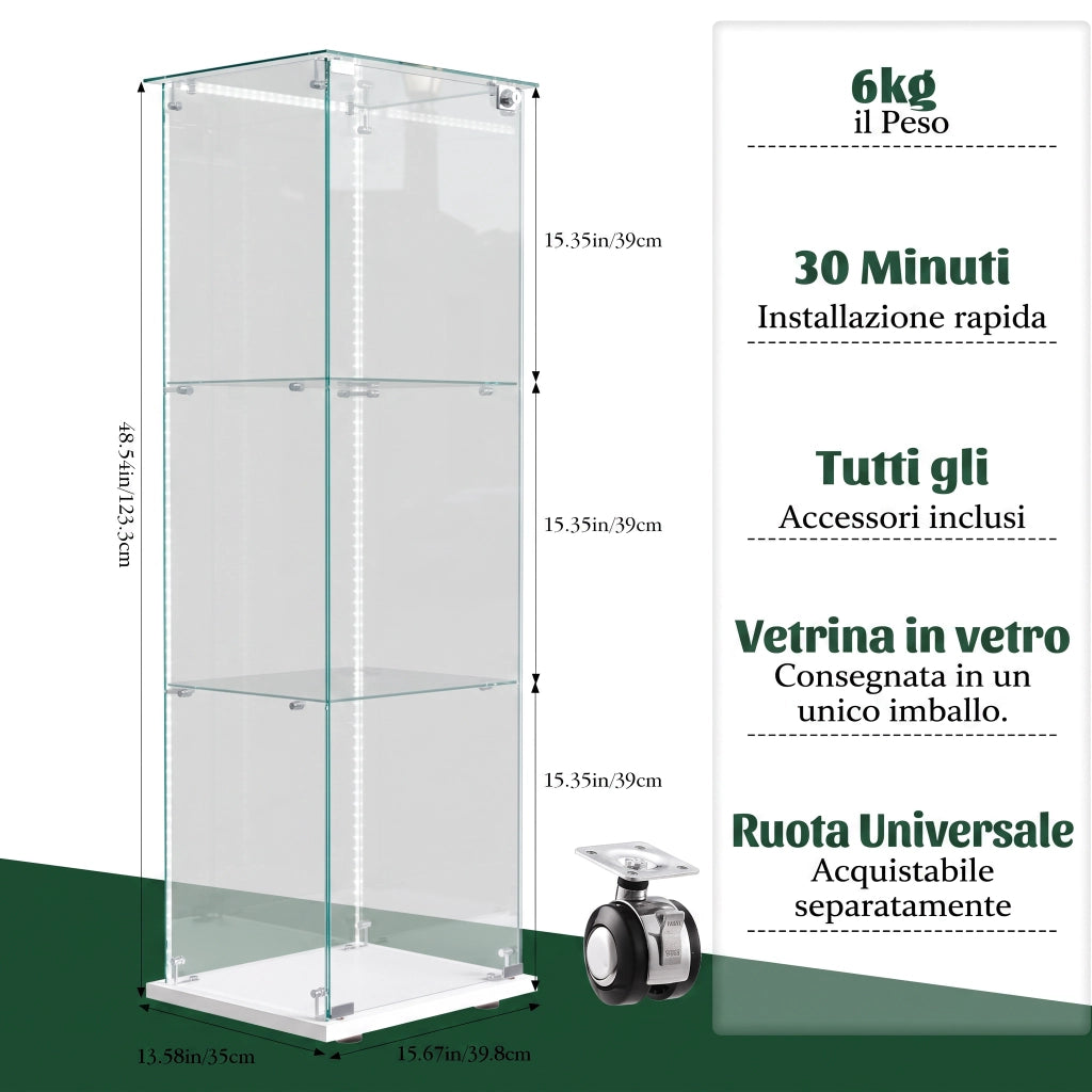 Vetrina espositiva in vetro temperato base bianca con luci LED RGB e serratura, 39,8x35x123,3cm, ripiani regolabili per collezioni e modellini