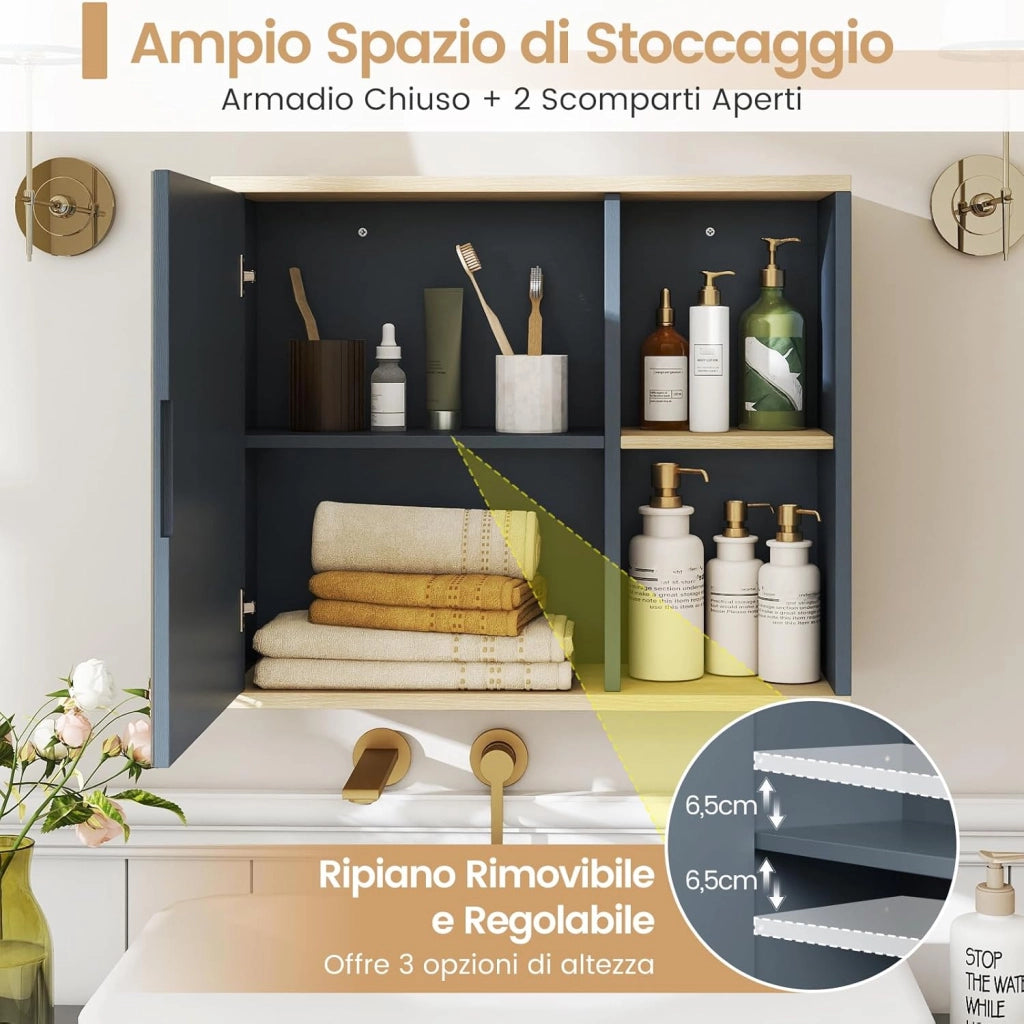 Armadio da Bagno con Specchio, Mobile da Parete con Porta Specchiata, Ripiano Regolabile e Scomparti Laterali Aperti, Mobile Salvaspazio per Soggiorno