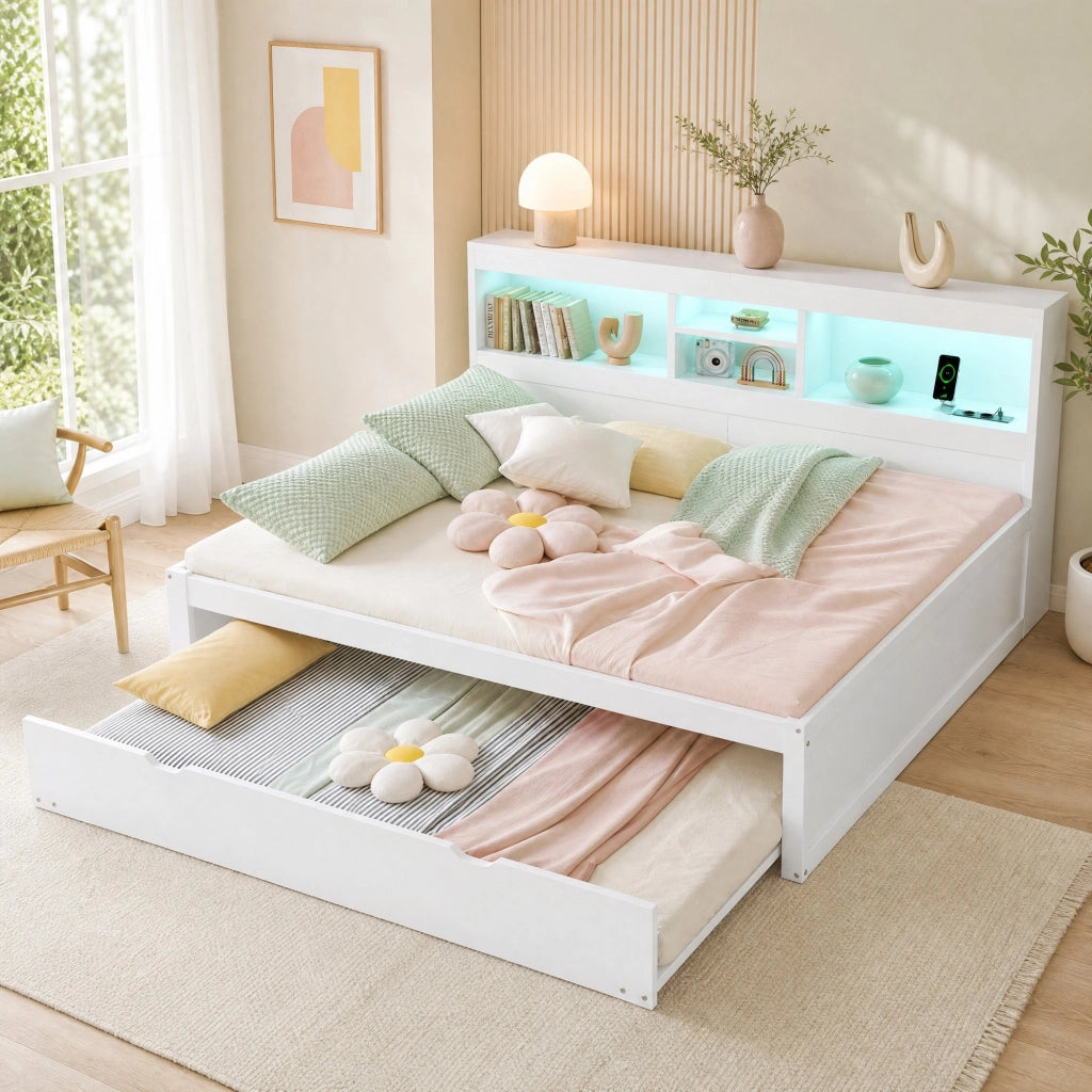 Letto da giorno estraibile 140x200 cm con LED, USB e vano