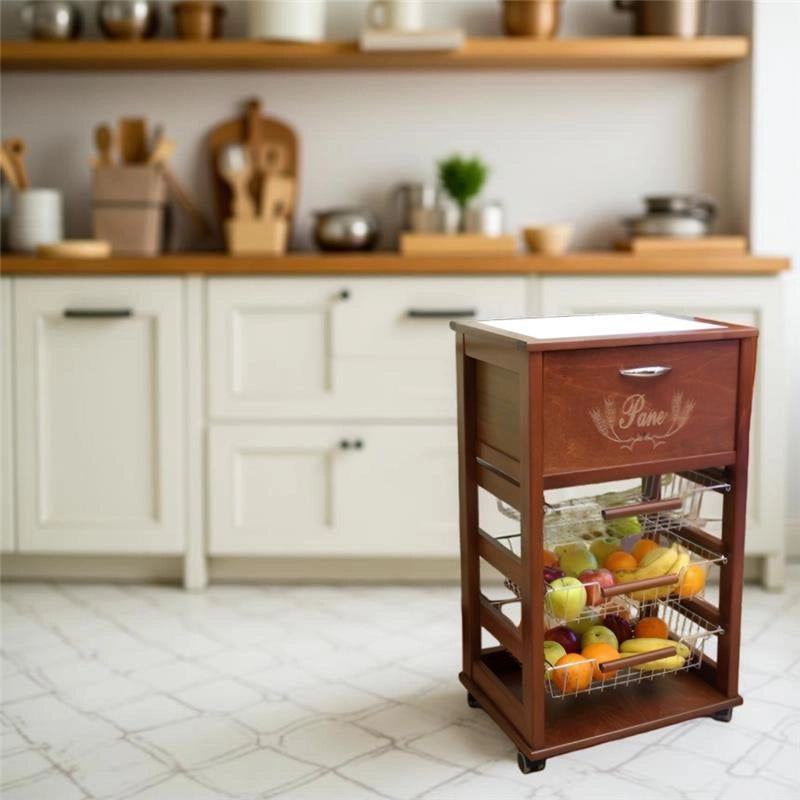 VESUVIO CARRELLO PORTAPANE 85X49X39 CM IN COLORE NOCE TOP BIANCO