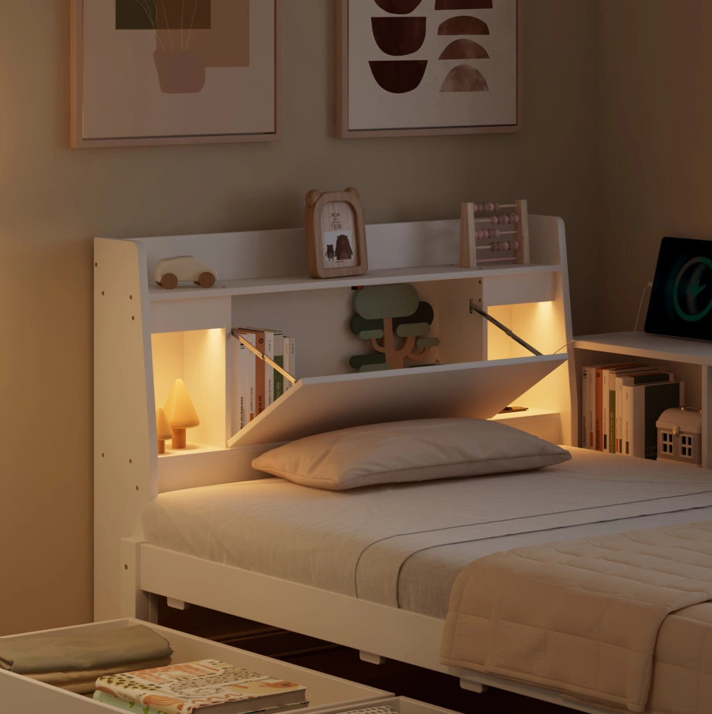 Letto singolo 90x200 cm con contenitore, 2 luci e presa di ricarica