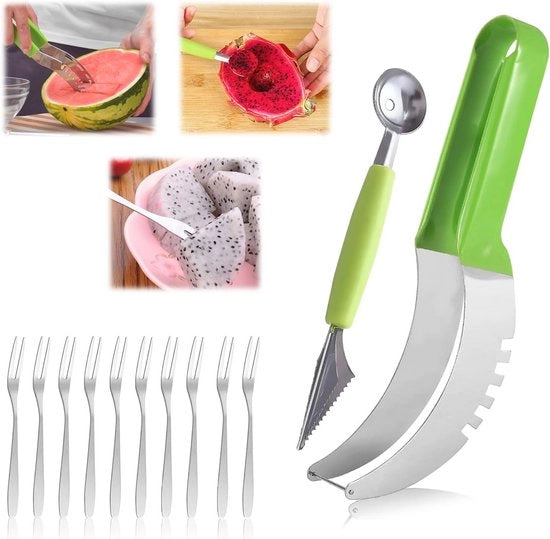 Taglierino multifunzionale per melone con forchette - Attrezzo per taglio in acciaio inossidabile per frutta