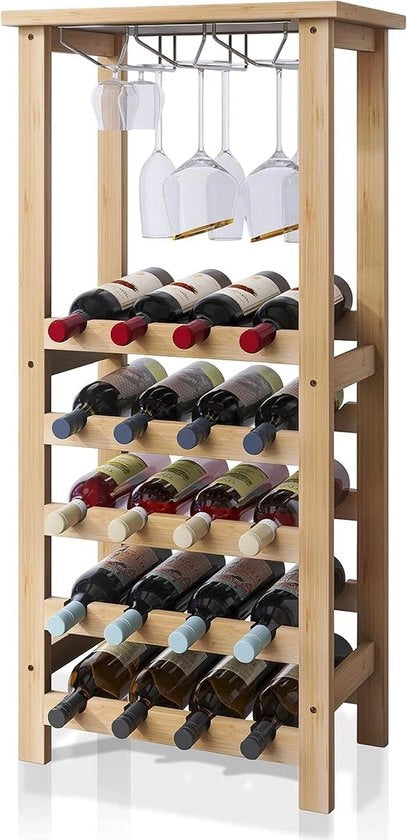 Wijnrek a bamboo - contenitore in vetro e piano di lavoro - 20 bottiglie di deposito - display a parete libera dal pavimento - tavolo per cucina - bar - naturale
