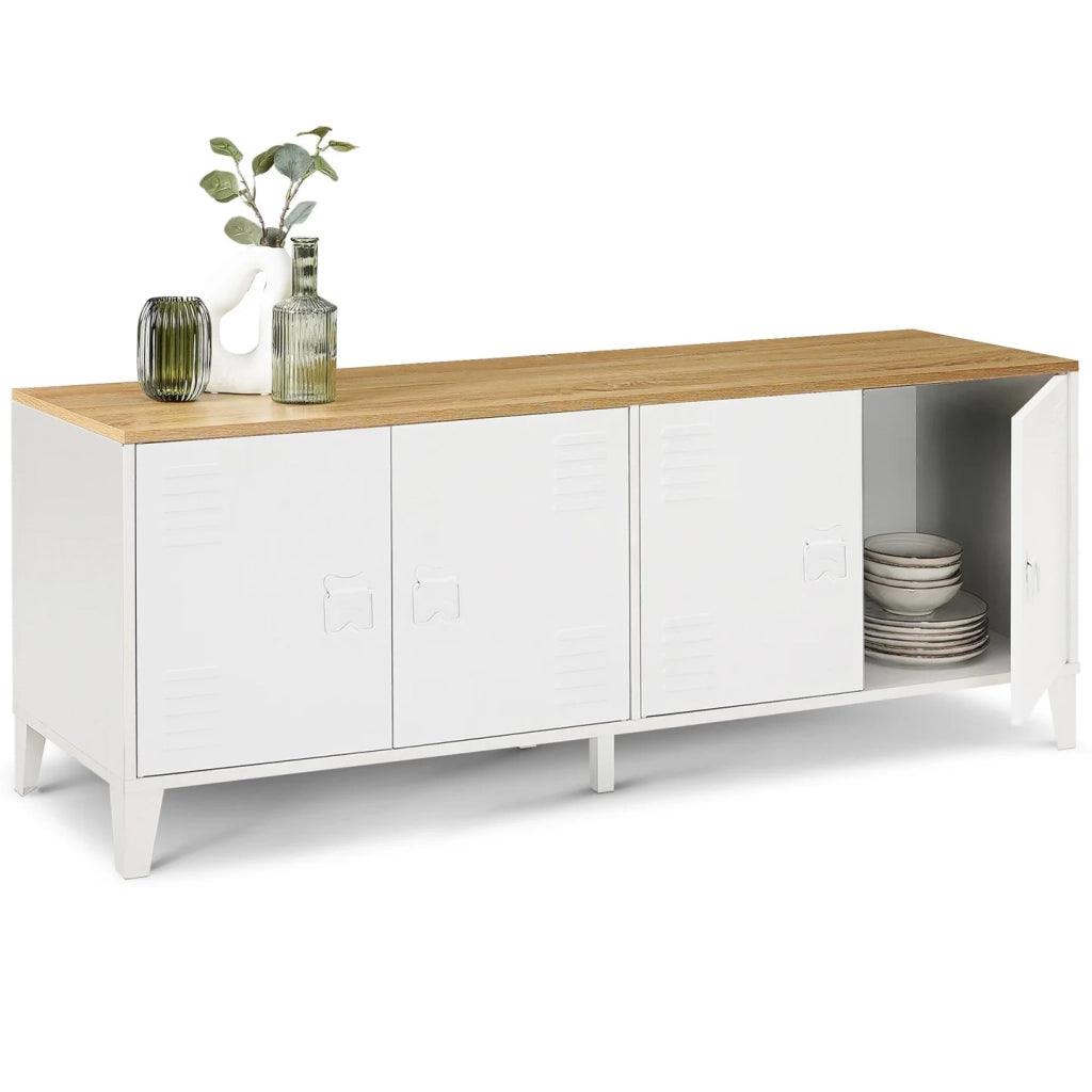 IDMarket - Credenza bassa ESTER 140 cm con 4 ante in metallo bianco e piano in legno dal design industriale