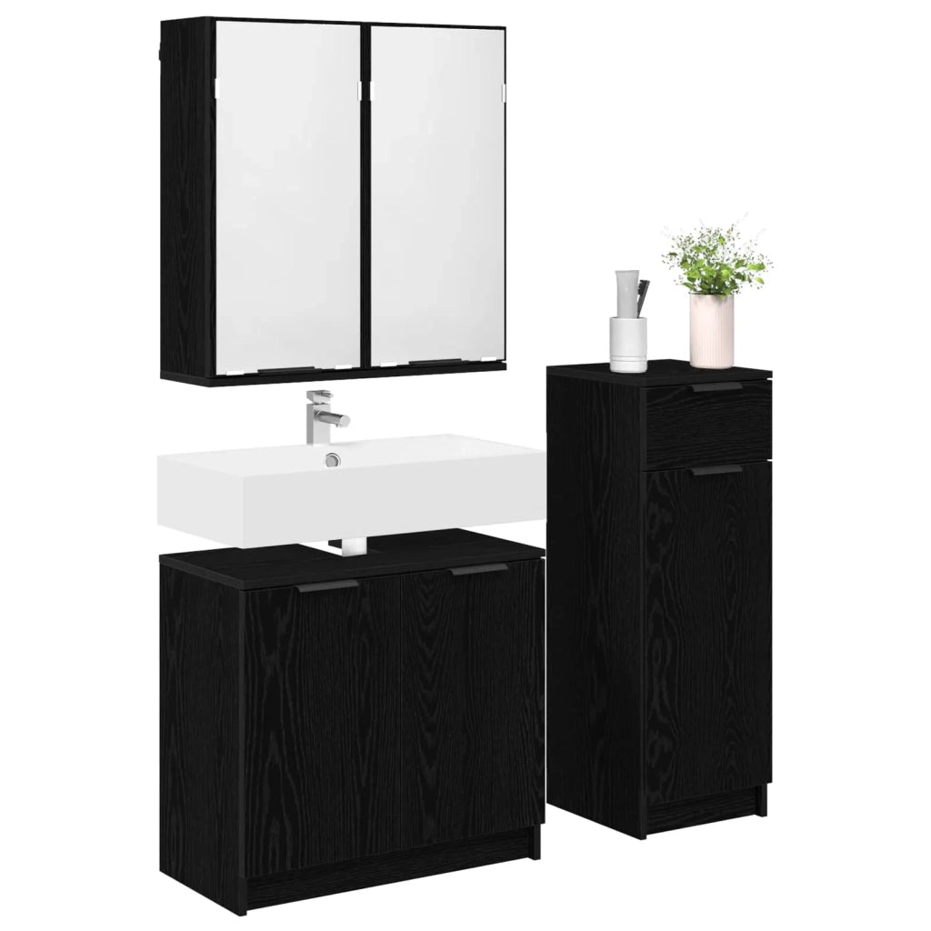 Set di mobili per il Bagno | Armadio da bagno 3 pz Rovere Nero Legno multistrato