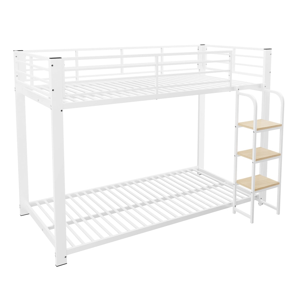 Letto a castello 90 × 200 cm 2 posti con scala integrata e mensole, senza materasso, in metallo e MDF bianco noce