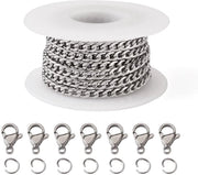 Set di Catene DIY - Acciaio Inossidabile 304 - Catene a Curb - Chiavi - Anelli di Salto - Lunghezza 5 Metri - Per Creare Gioielli