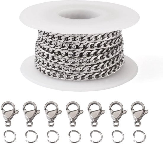 Set di Catene DIY - Acciaio Inossidabile 304 - Catene a Curb - Chiavi - Anelli di Salto - Lunghezza 5 Metri - Per Creare Gioielli