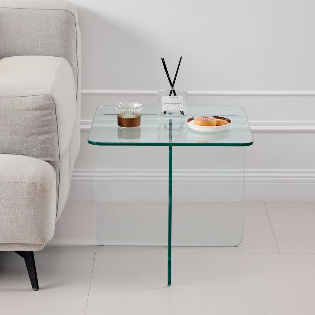 Tavolino laterale 45x45x41 cm in vetro temperato trasparente per interni ed esterni