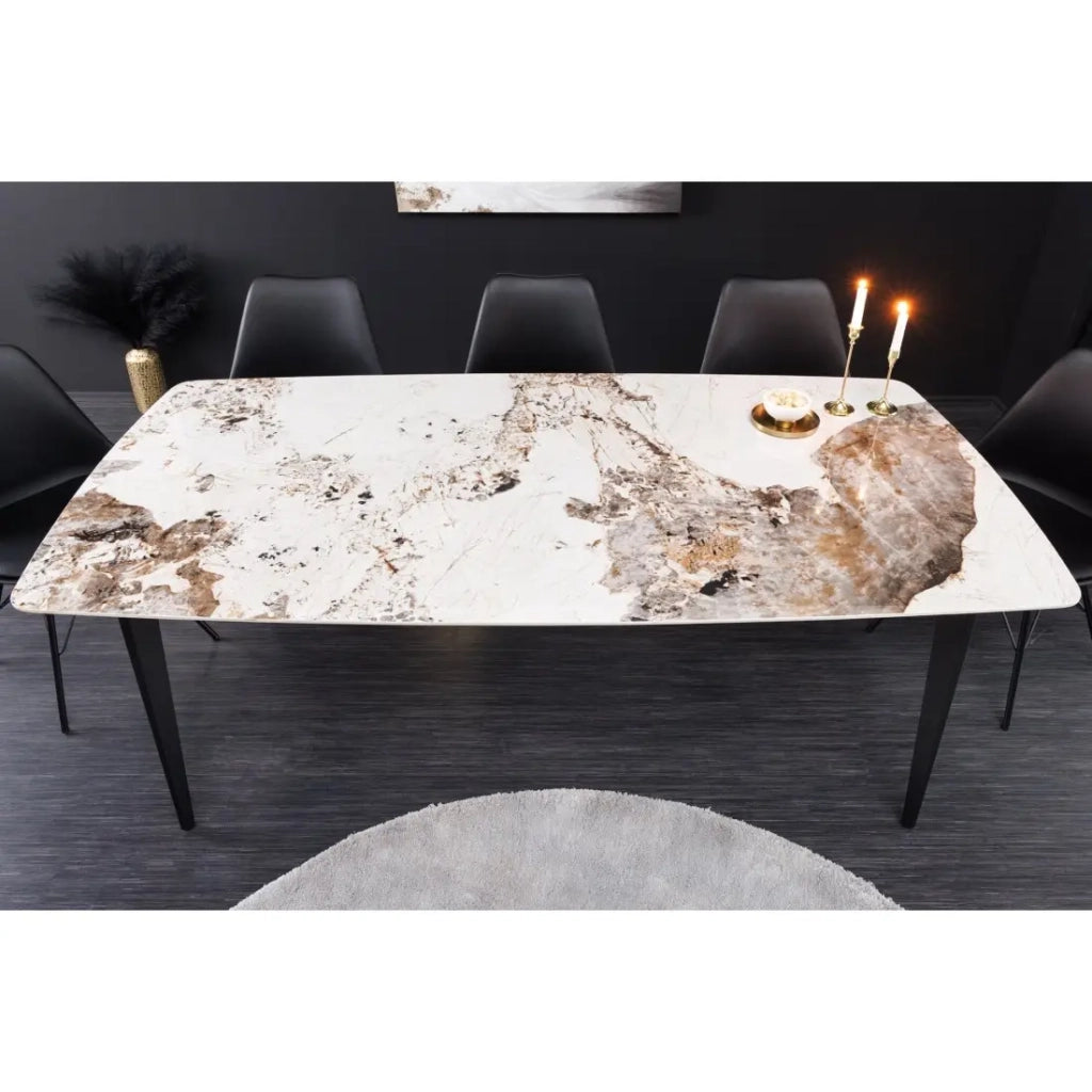 Tavolo da pranzo HEXA – Ceramica effetto pietra e metallo nero – 180 cm – Stile contemporaneo