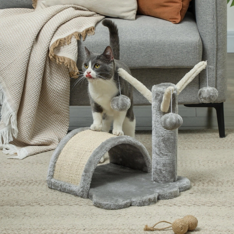 Tiragraffi per gatti con cuccia, piattaforma a zampa e 2 palline, 40 cm, grigio chiaro
