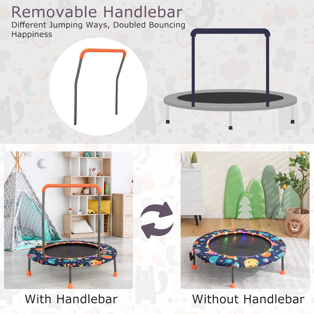 Trampolino Elastico per Bambini dai 3 ai 6 anni, Ø 92 cm, Tappeto Elastico Bambini con Luci a LED, Mini Trampolino da Giardino con Manico e Tappetino di Sicurezza, Portata fino a 25 kg