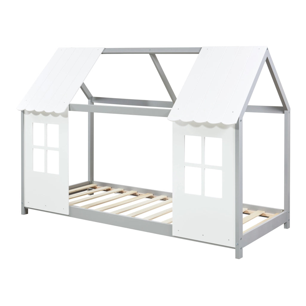 Letto Tostedt per Cameretta a Forma di Casetta Semiaperta 90 x 200 cm Grigio / Bianco [en.casa]